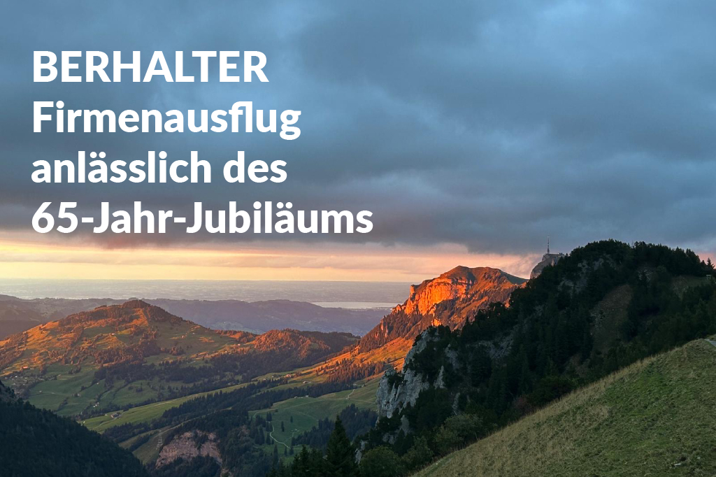 Gruppenfoto des BERHALTER-Teams beim Firmenausflug in die Schweizer Berge zum 65-jährigen Jubiläum 2025